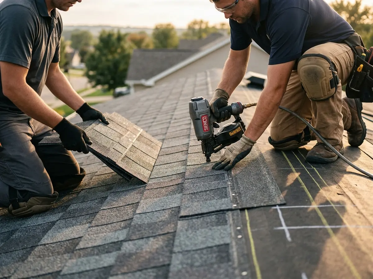 Professional roofer working on a residential roof in Massena
